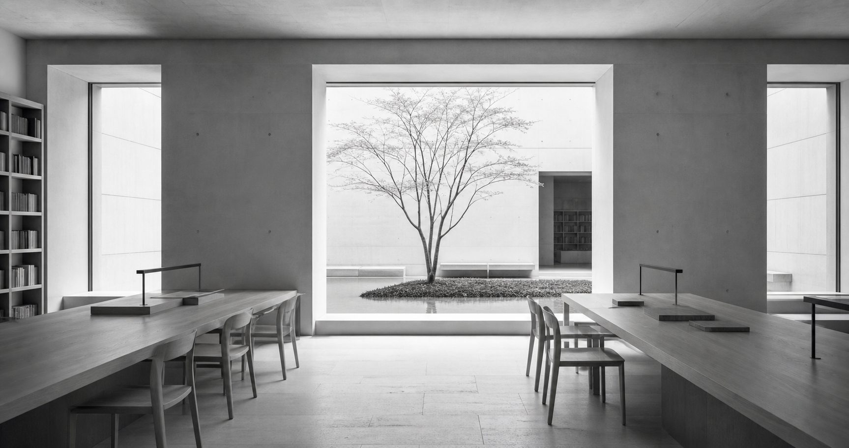 Minimal civic reading room around a quiet courtyard